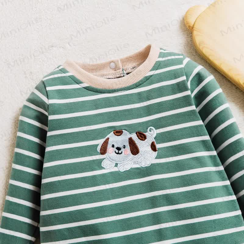 Baby Green Pupppy Striped Romper - image 4