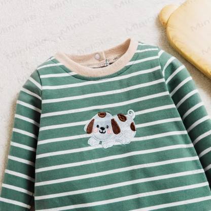 Baby Green Pupppy Striped Romper - image 4