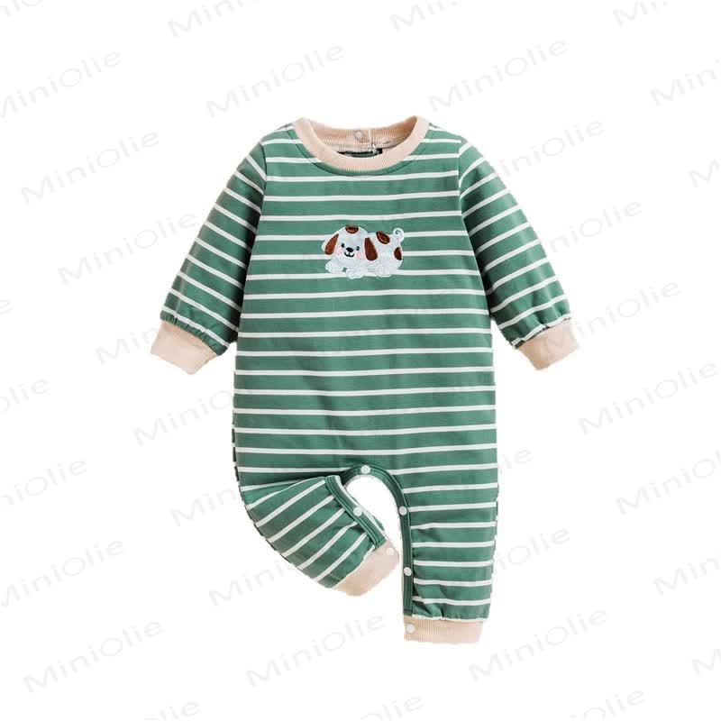 Baby Green Pupppy Striped Romper - image 7