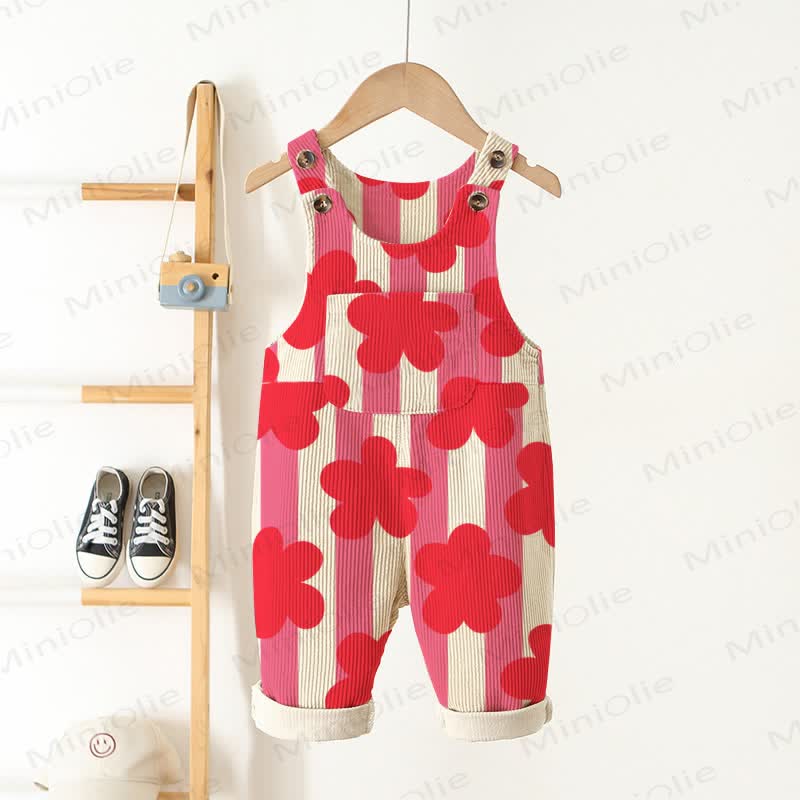Baby Toddler Red Floral Vertical Striped Overalls - Beige&Pink - 3-5T - image 1