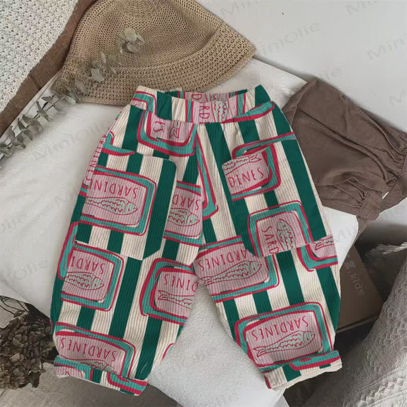 Baby Toddler Canned Sardines Green Vertical Striped Corduroy Pants - Beige&Green - 5-7T - image 1