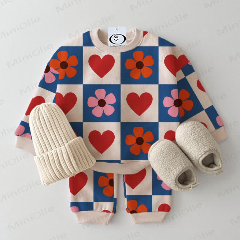 Baby Checkered Hearts & Flowers Sweatshirt 2-piece Beige Set - Beige - 2-3T - image 1