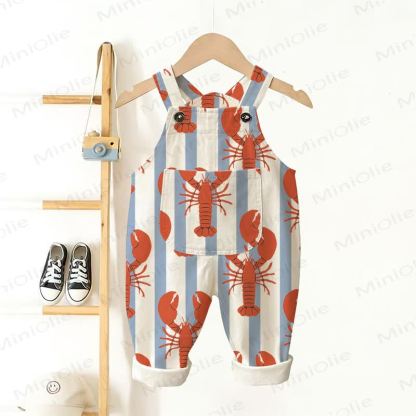 Baby Toddler Blue White Stripe Lobster Woven Overalls  - White - 3-5T - image 1