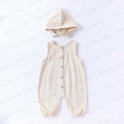 Baby Sleeveless Solid Color Romper with Hat - Beige - 18-24M - image 2