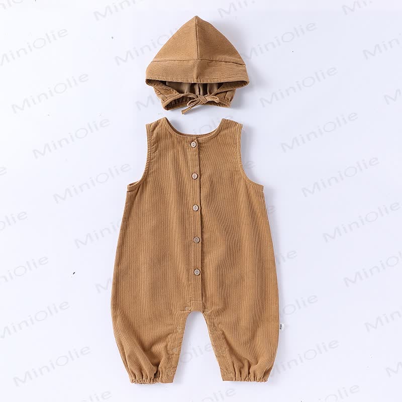 Baby Sleeveless Solid Color Romper with Hat - Khaki - 18-24M - image 7