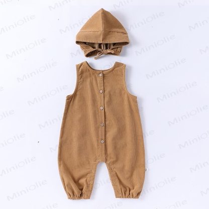 Baby Sleeveless Solid Color Romper with Hat - Khaki - 18-24M - image 7