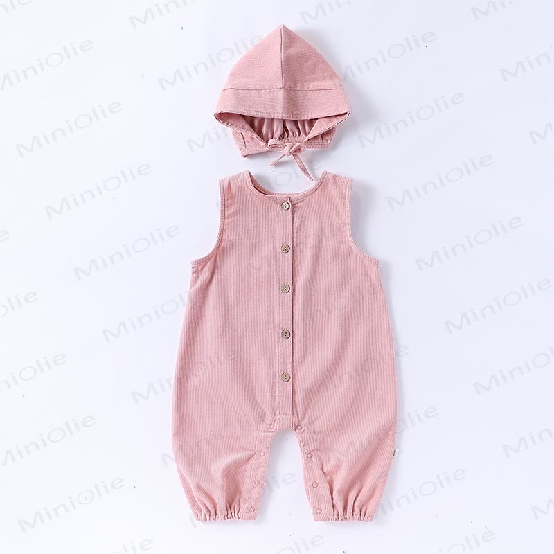 Baby Sleeveless Solid Color Romper with Hat - Pink - 18-24M - image 9