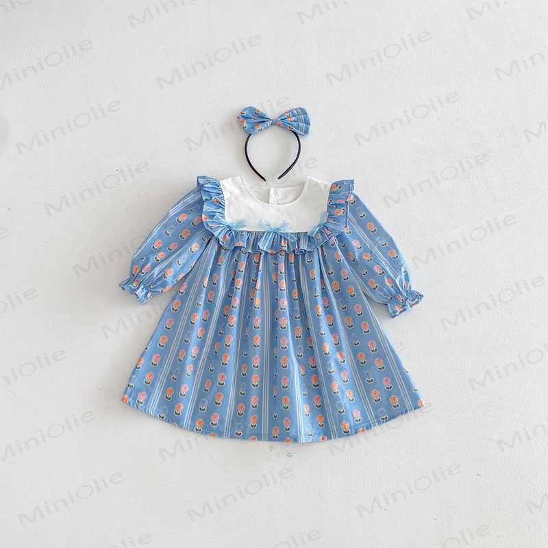 Toddler Kid Girl Flower Bow Stripe Dress - Blue - 10Y - image 1