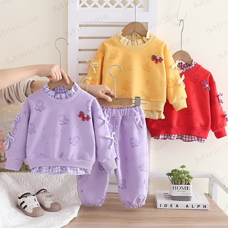 Baby Toddler Girl Horse Bow Plaid 2-piece Set - image 1