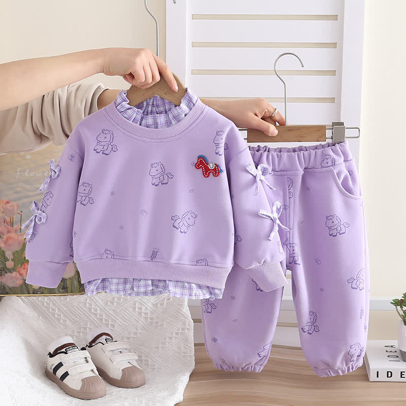 Baby Toddler Girl Horse Bow Plaid 2-piece Set - Purple - 5-7T - image 2