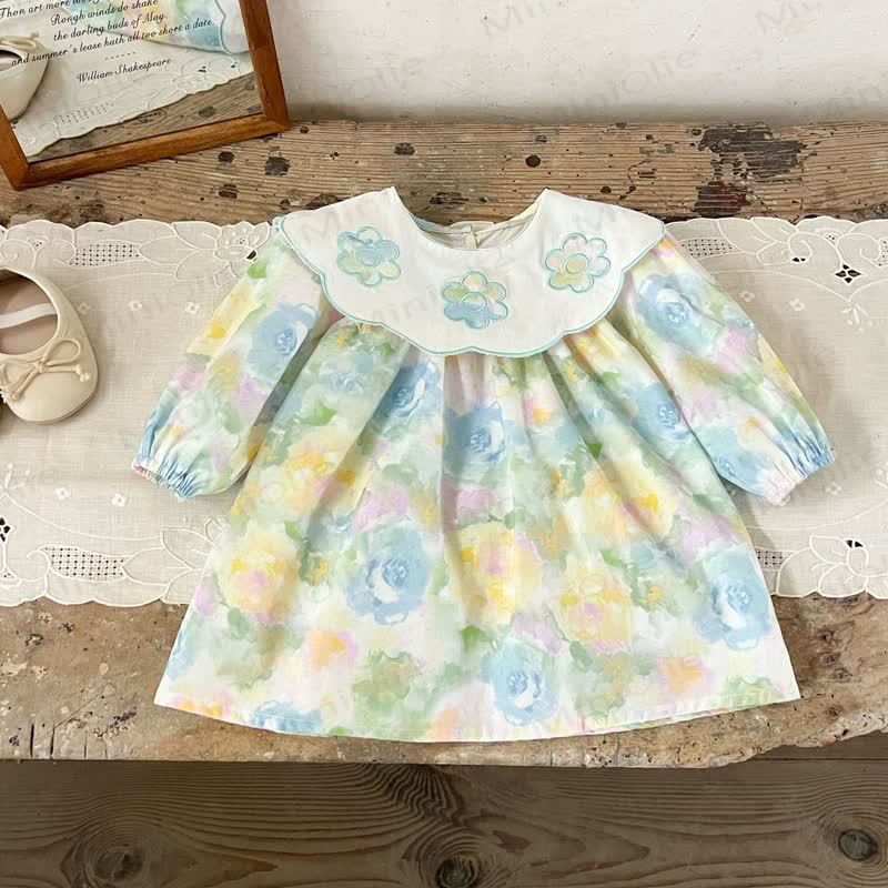 Baby Toddler Girl Lapel Embroidered Flower Dress - Light Blue - 8Y - image 1