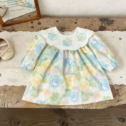 Baby Toddler Girl Lapel Embroidered Flower Dress - Light Blue - 8Y - image 1