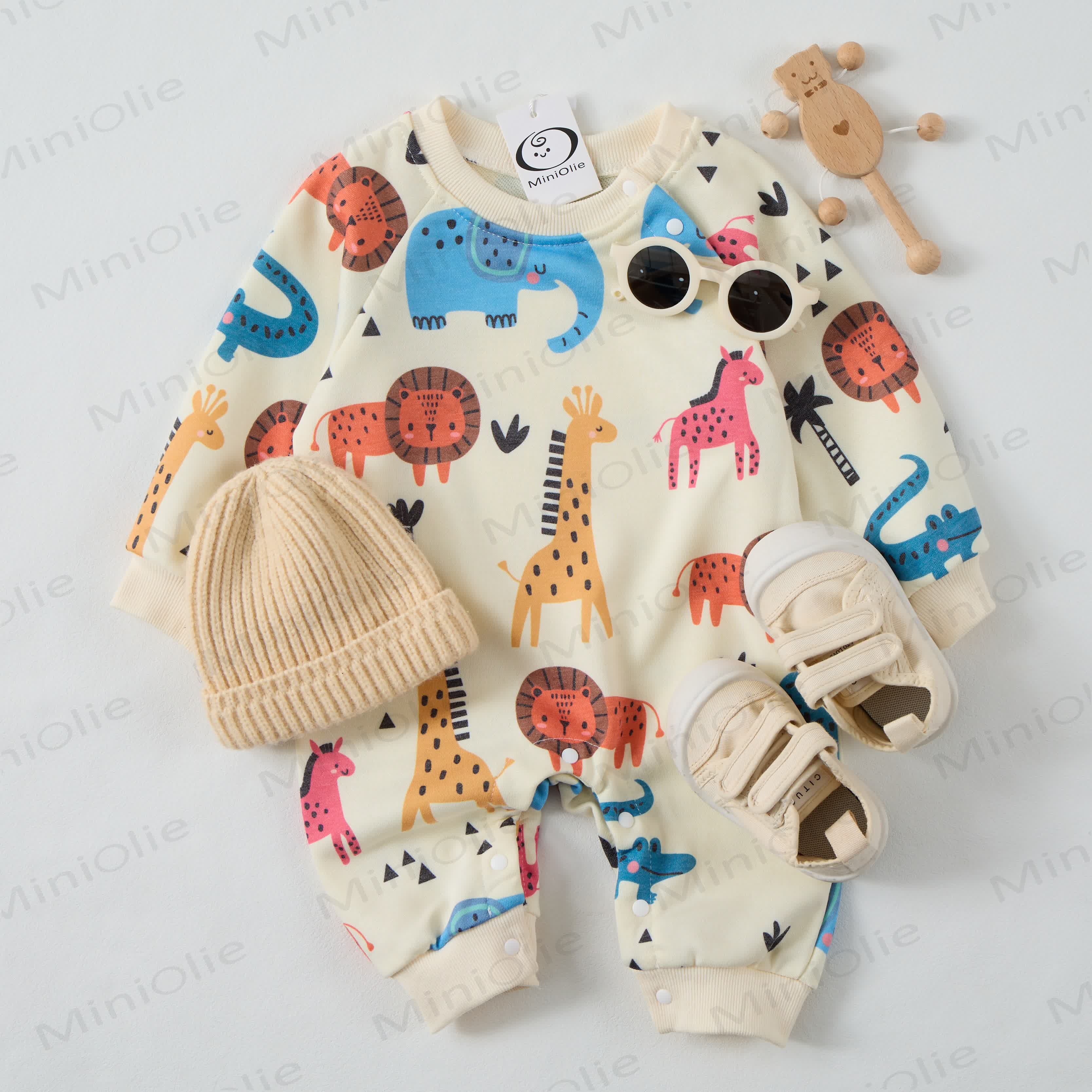 Baby Cartoon Animal Kingdom Beige Romper - image 2