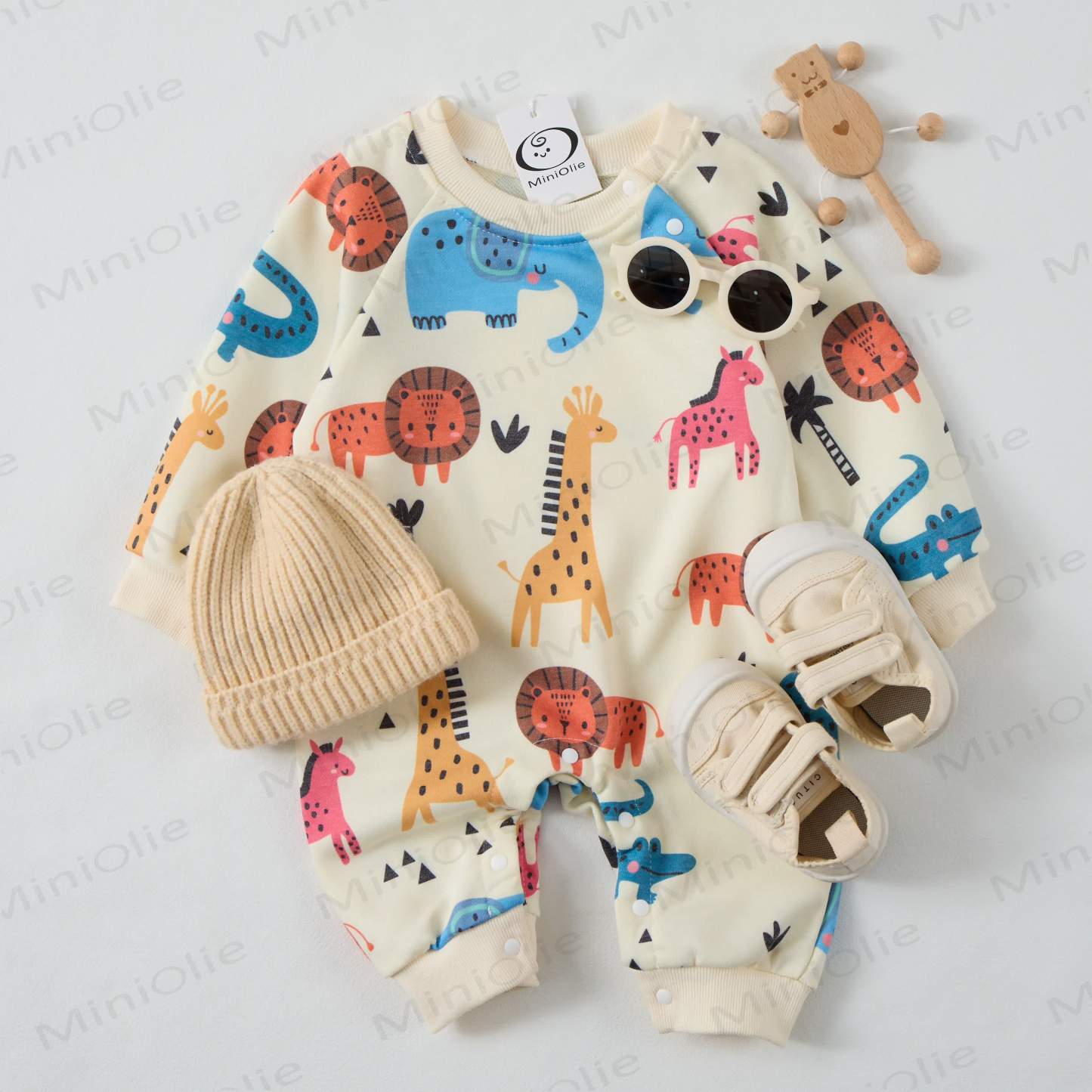 Baby Cartoon Animal Kingdom Beige Romper - image 2