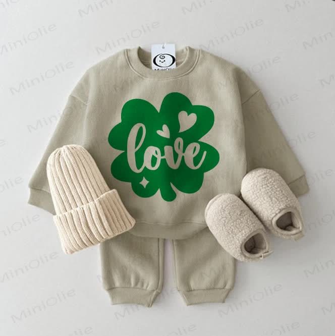 LOVE Baby Four-leaf Clover Sweatshirt Grey Green 2-piece Set - Grey Green - 2-3T - image 1
