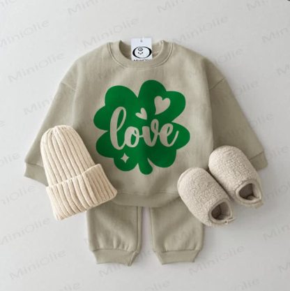 LOVE Baby Four-leaf Clover Sweatshirt Grey Green 2-piece Set - Grey Green - 2-3T - image 1
