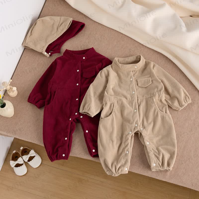 Baby Corduroy Solid Color Romper with Hat - image 1