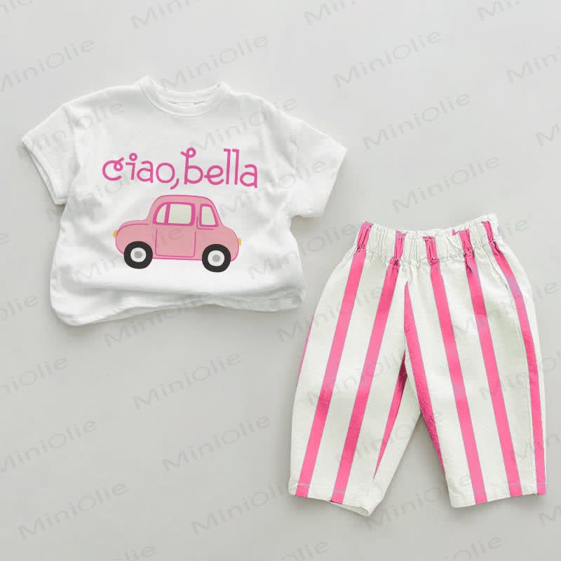 CIAO, BELLA Baby Pink Car Vertical Striped 2-piece Set - White&Pink - 2-3T - image 1