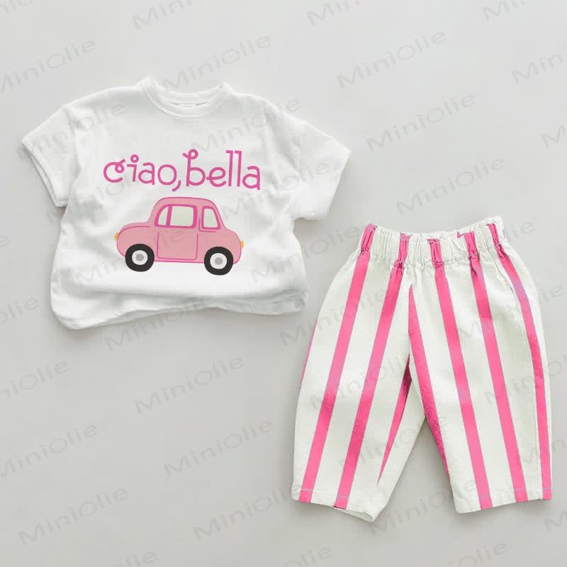 CIAO, BELLA Baby Pink Car Vertical Striped 2-piece Set - White&Pink - 2-3T - image 1
