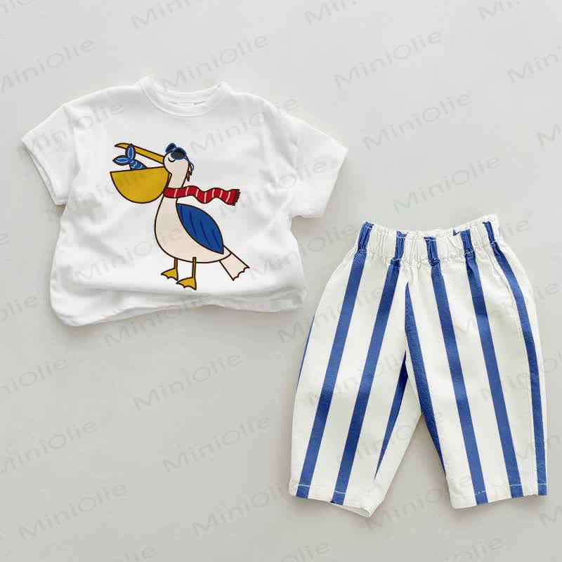 Baby Funny Pelicans Blue Vertical Striped 2-piece Set - White&Blue - 2-3T - image 1