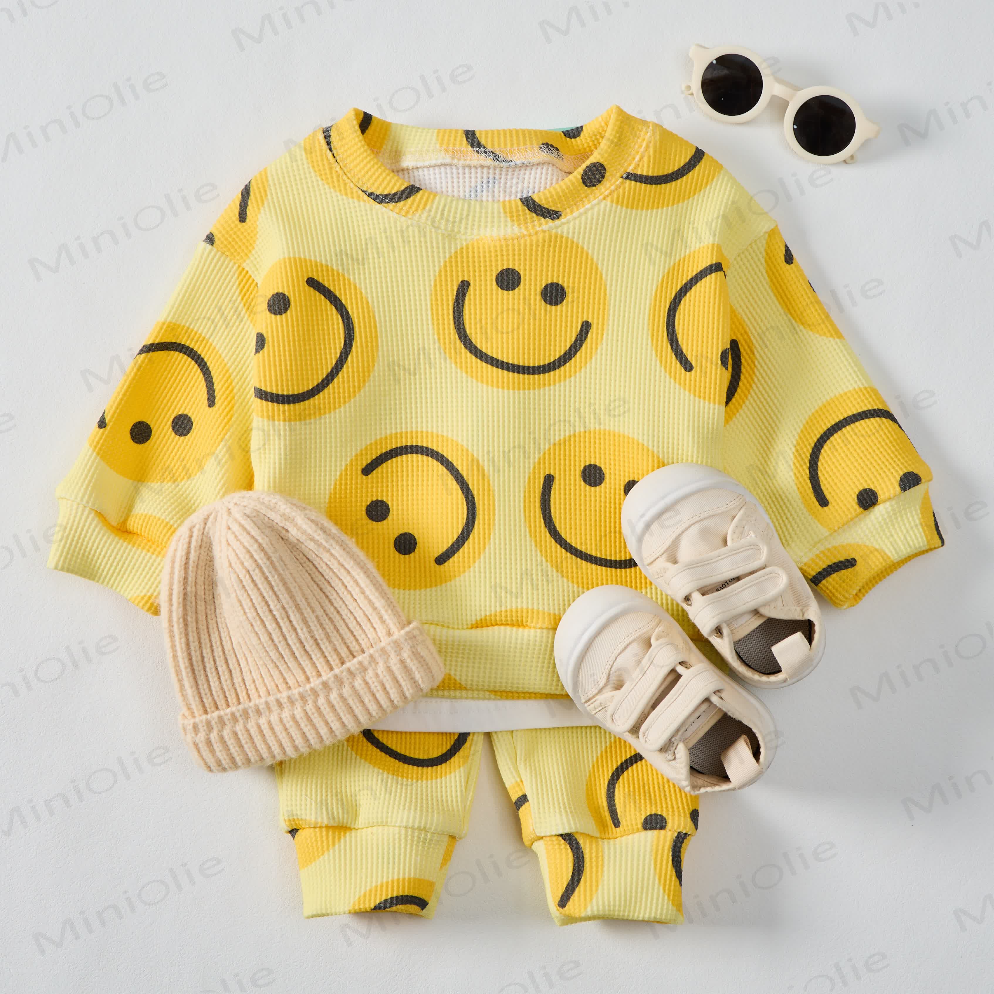 Baby Waffle Yellow Smiley Face Sweatshirt 2-piece Set - image 2