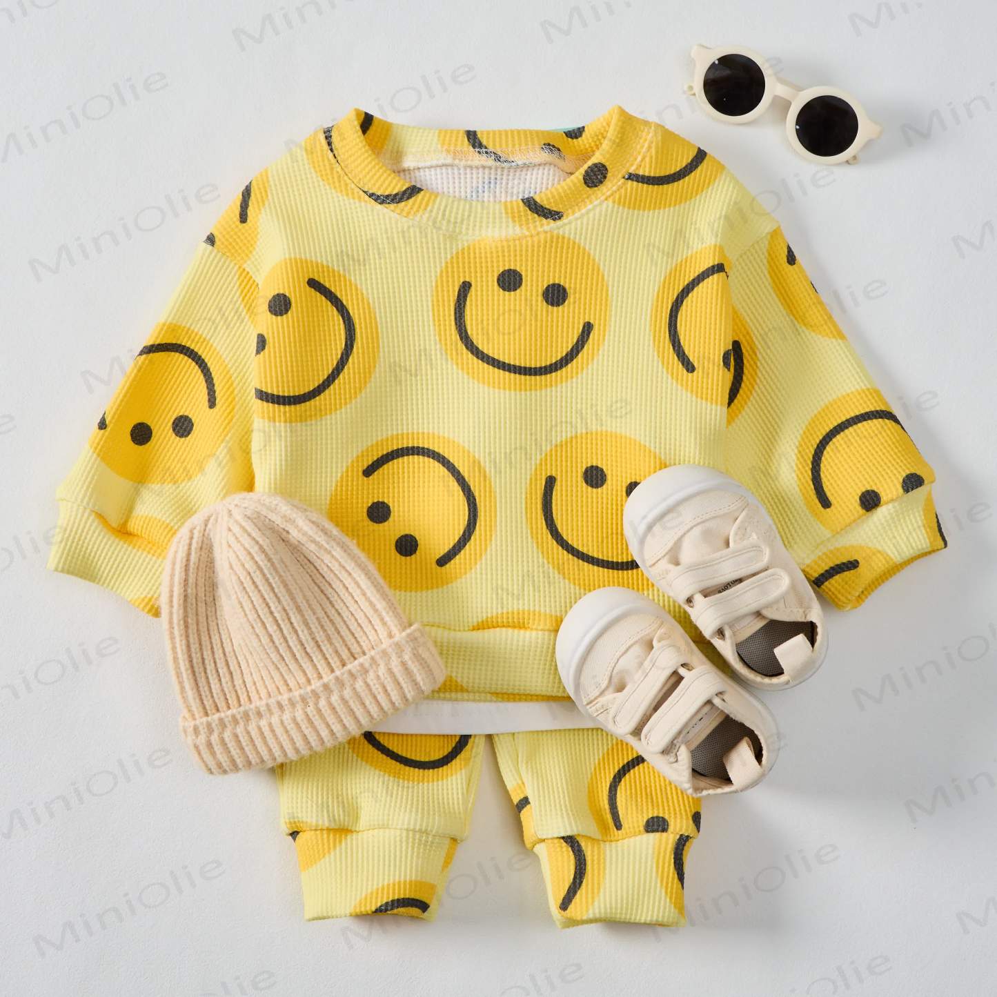 Baby Waffle Yellow Smiley Face Sweatshirt 2-piece Set - image 2
