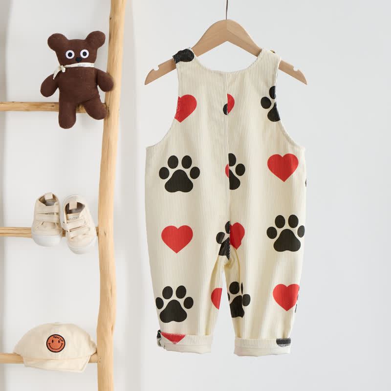 Baby Toddler Heart Dog Paw Corduroy Beige Overalls - image 3
