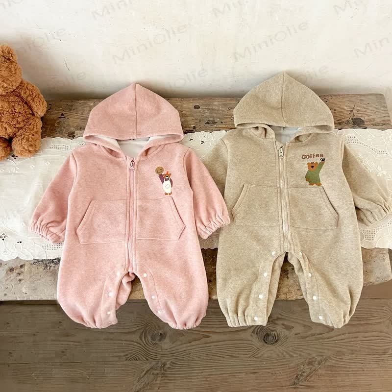 Baby Bear Pocket Fleece Lined Hooded Romper - image 2