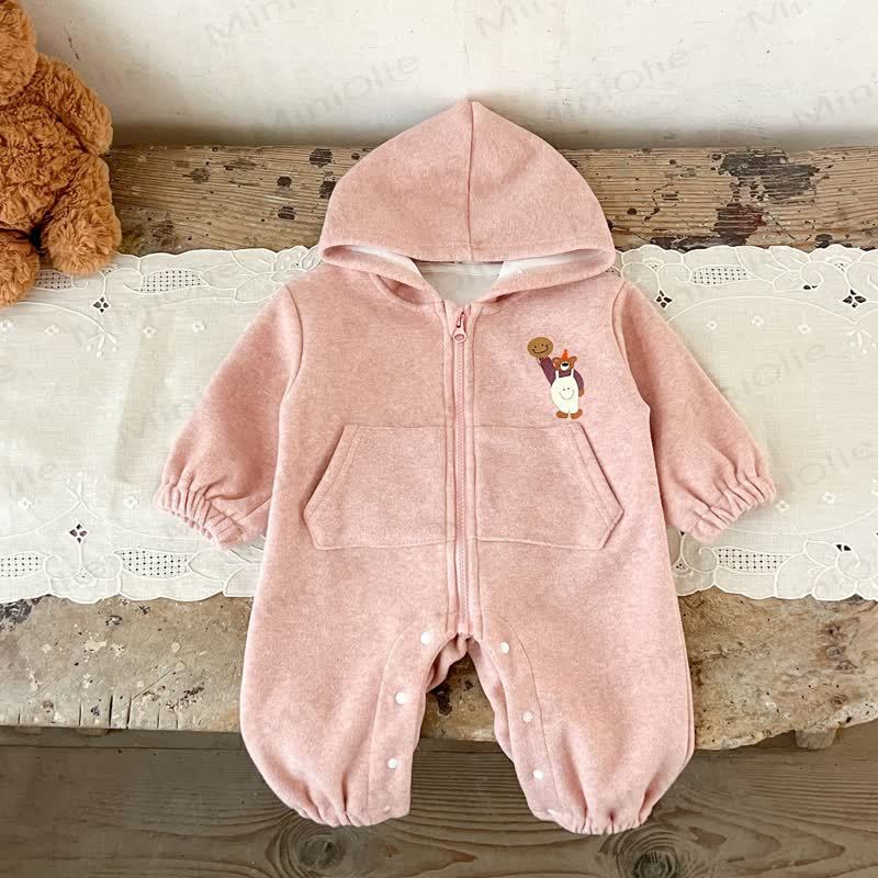 Baby Bear Pocket Fleece Lined Hooded Romper - Pink - 2-3T - image 3