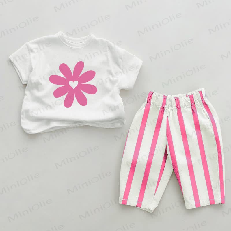 Baby Sunflower Heart Pink Vertical Striped 2-piece Set - White&Pink - 2-3T - image 1