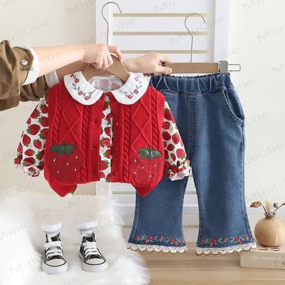 Baby Toddler Girl Strawberry Flower 3-piece Knit Set - Red - 5-7T - image 3