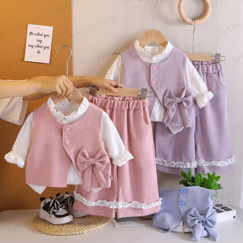 Baby Toddler Girl Solid Color Bow 3-piece Woven Set - image 1