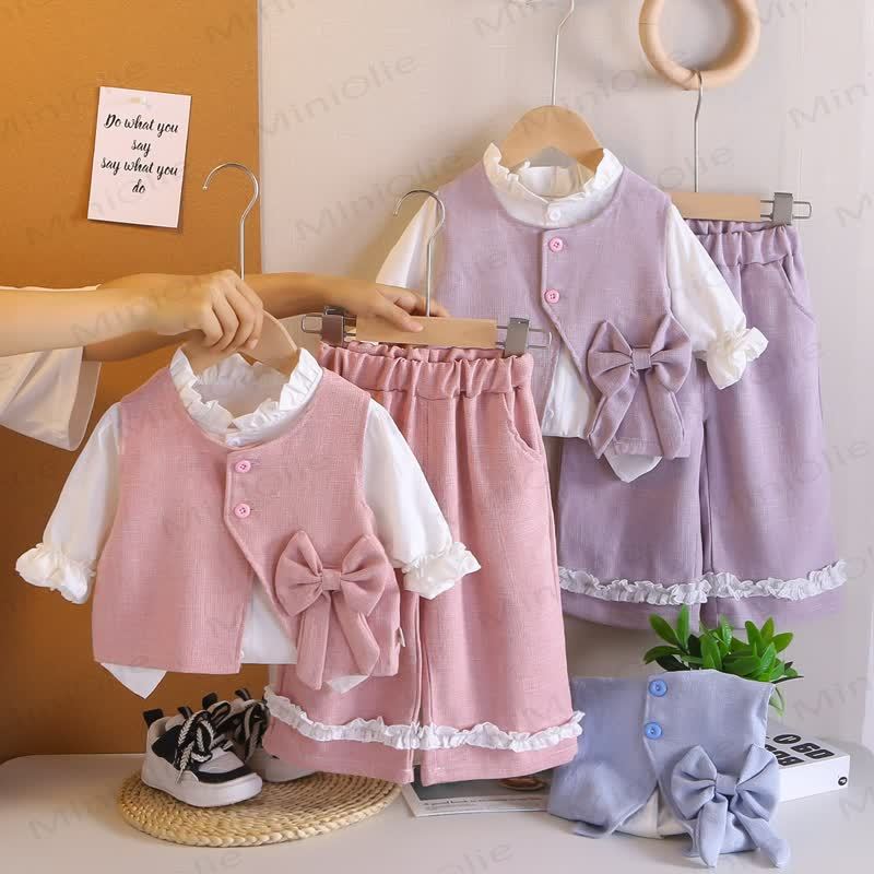 Baby Toddler Girl Solid Color Bow 3-piece Woven Set - image 1