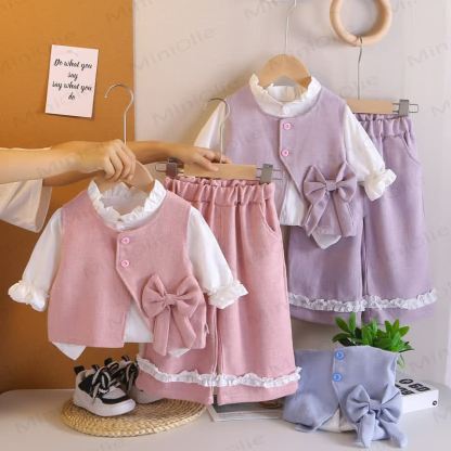 Baby Toddler Girl Solid Color Bow 3-piece Woven Set - image 1