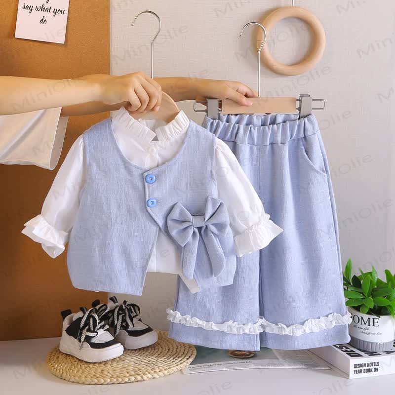 Baby Toddler Girl Solid Color Bow 3-piece Woven Set - image 2