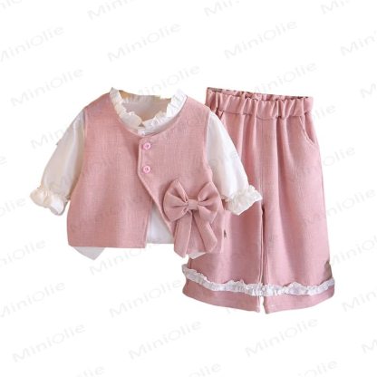 Baby Toddler Girl Solid Color Bow 3-piece Woven Set - image 4