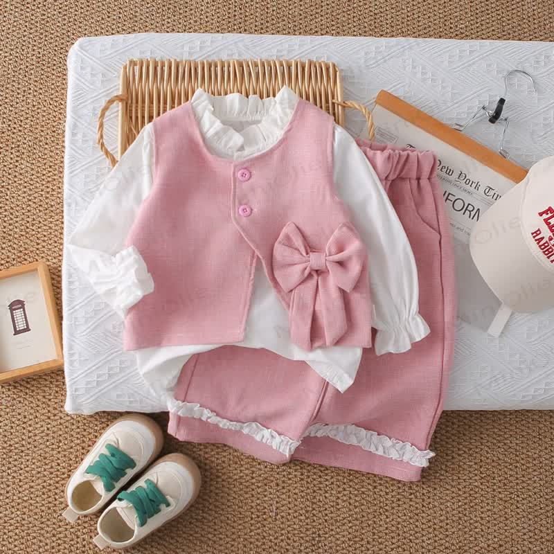Baby Toddler Girl Solid Color Bow 3-piece Woven Set - Pink - 5-7T - image 6