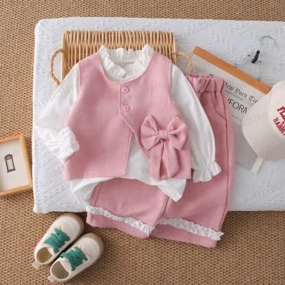 Baby Toddler Girl Solid Color Bow 3-piece Woven Set - Pink - 5-7T - image 6