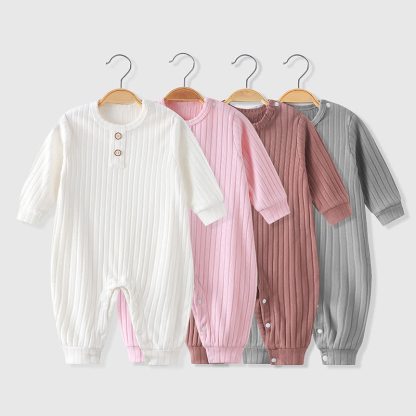 Baby Crew Neck Solid Color Ribbed Romper - image 1