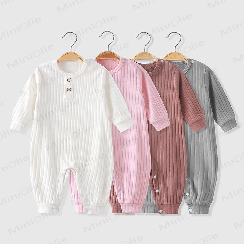 Baby Crew Neck Solid Color Ribbed Romper - image 1