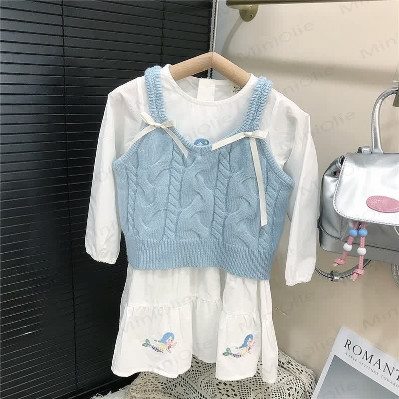 Toddler Girl White Embroidered Dress/Blue Sweater - image 3