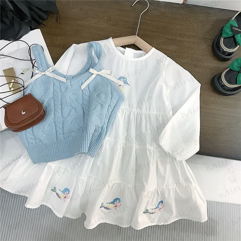 Toddler Girl White Embroidered Dress/Blue Sweater - image 2