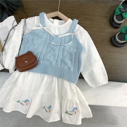 Toddler Girl White Embroidered Dress/Blue Sweater - image 1
