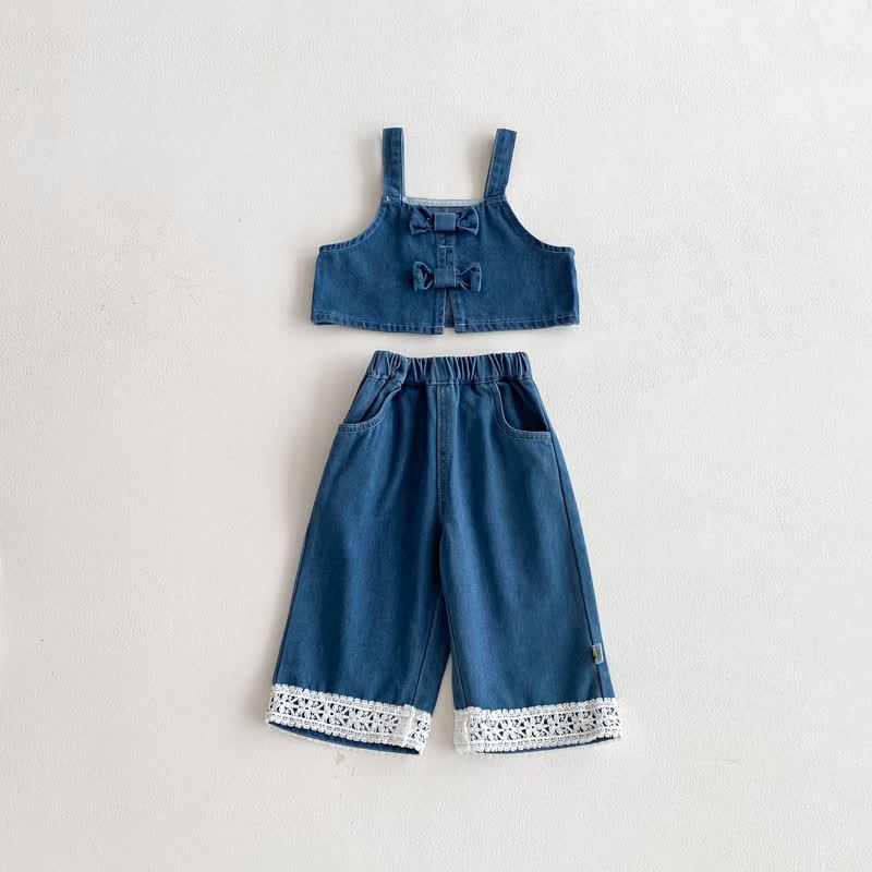 Baby Toddler Girl Denim Bow 3-piece Set - Blue Tank Top & Pants - 3-5T - image 4