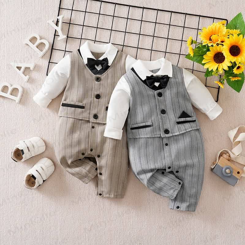 Baby Striped Bow Tie Fake 2pcs Romper - image 1