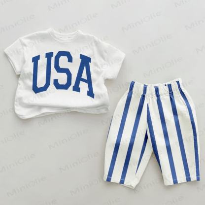 USA Baby 2-piece Blue Vertical Striped Set - White&Blue - 2-3T - image 1