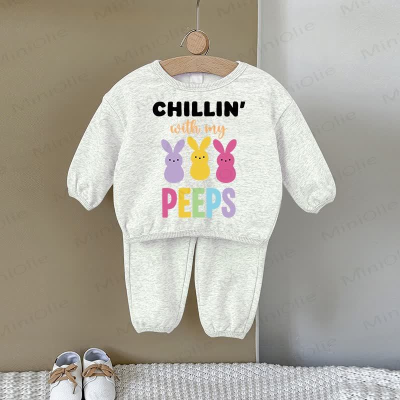 CHILLIN WITH MY PEEPS Baby Colorful Bunny Gray Sweatshirt 2-piece Set - Gray - 2-3T - image 1