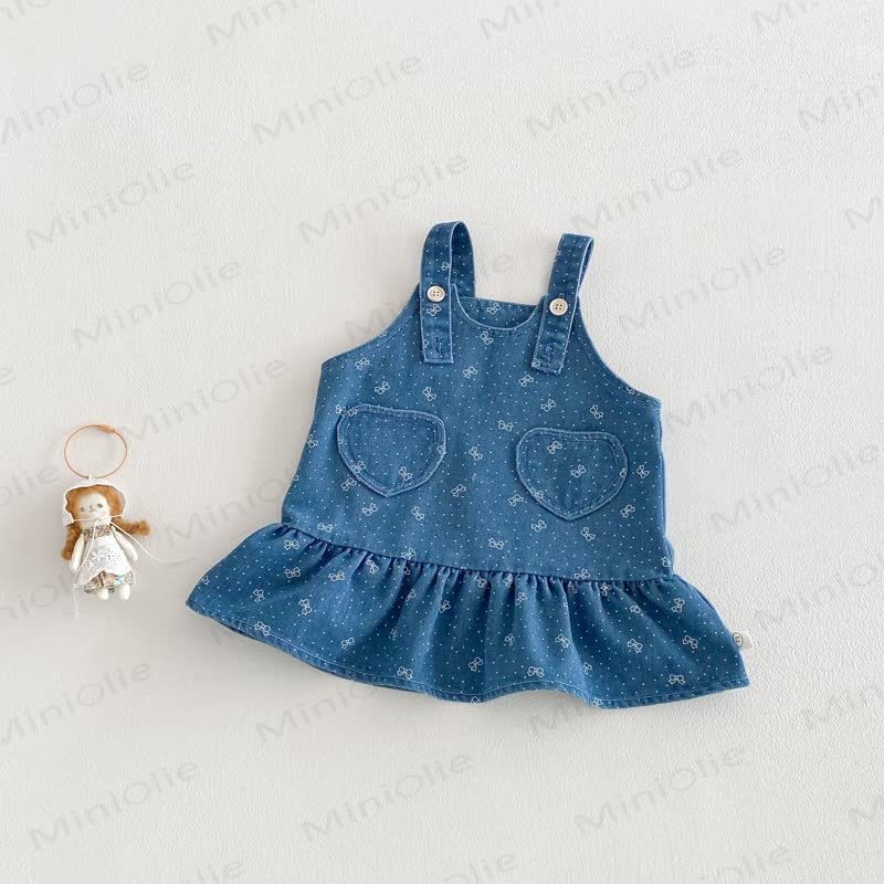 Baby Toddler Girl Bowknot Sweet Love Dress/Beige Top - Blue Dress - 3-5T - image 3