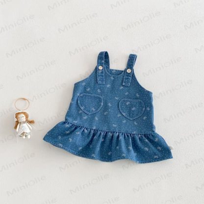 Baby Toddler Girl Bowknot Sweet Love Dress/Beige Top - Blue Dress - 3-5T - image 3