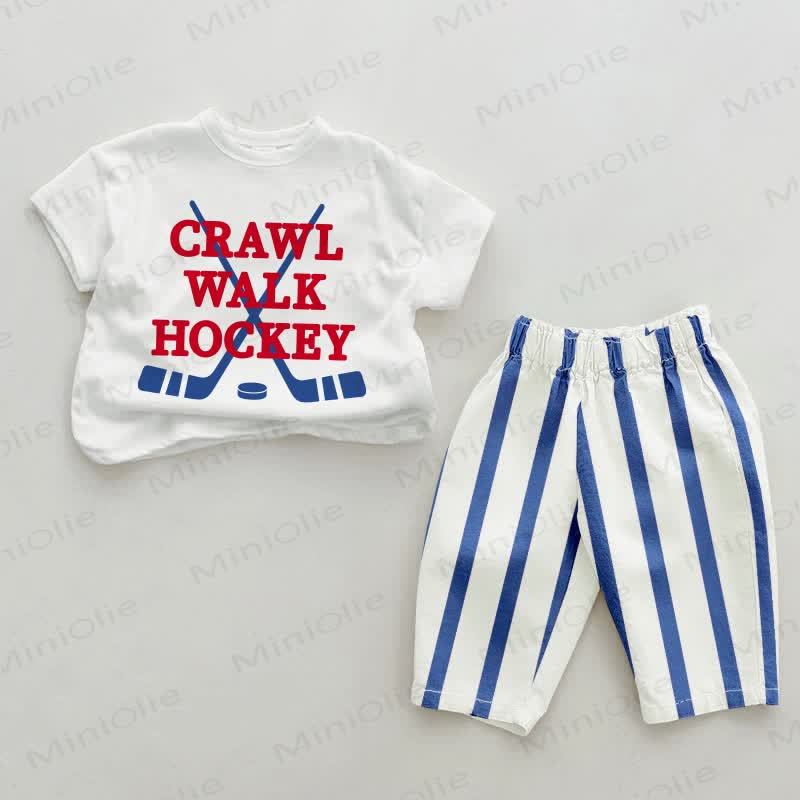 CRAWL WALK HOCKEY Baby Blue Vertical Striped 2-piece Set - White&Blue - 2-3T - image 1